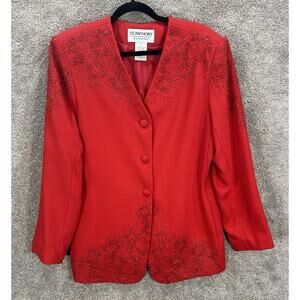 St Anthony Evening Blazer Womens 14 Red Beaded Holiday Christmas Button Jacket